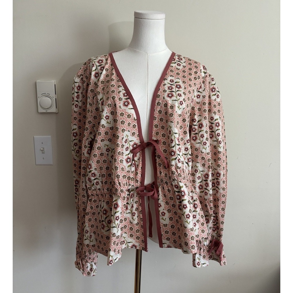 Spartina 449 XXL Tie Front Peplum Top Floral Feminie Pink Boho Cottage Cotton